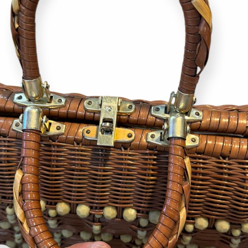 VINTAGE Brown Rattan Wicker Beaded Box Handbag Top Handle Purse Empire Made - Picture 6 of 7